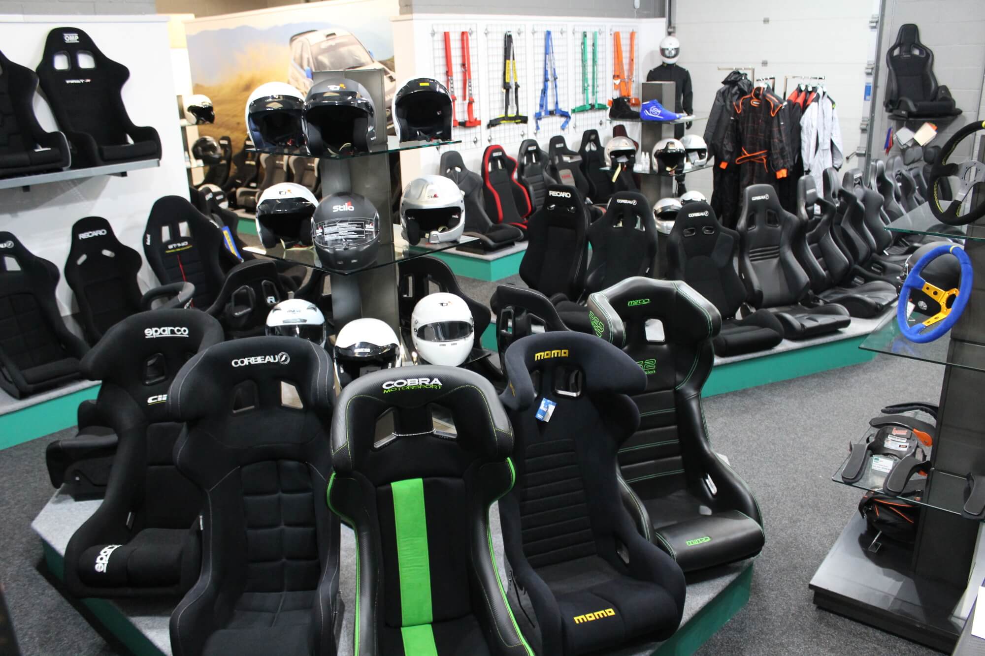 Motorsport equipment on display at the GSM Performance showroom