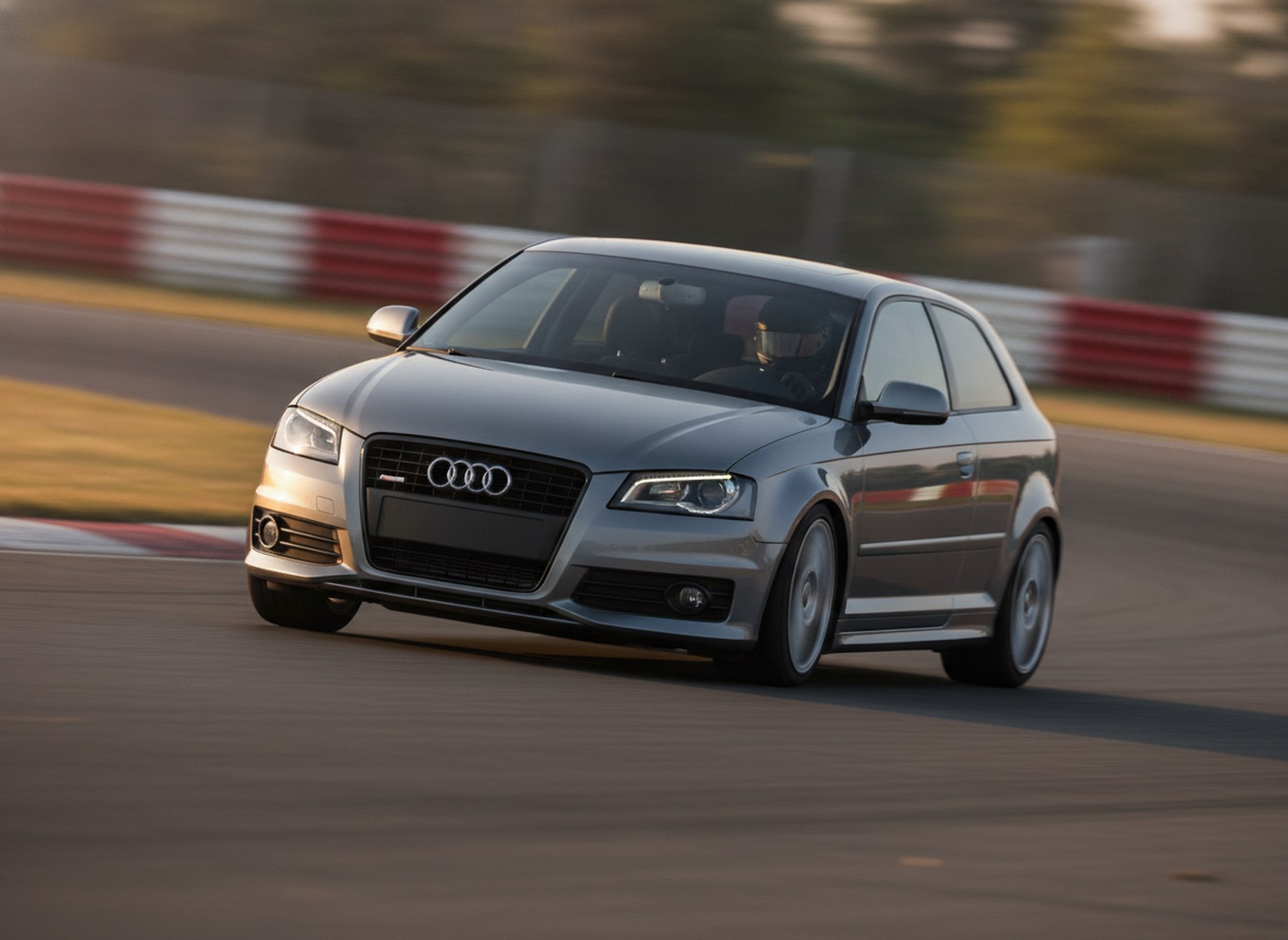 Grey Audi A3 8P hot hatch being driven hard through a corner on a race circuit, driver in a plain black helmet