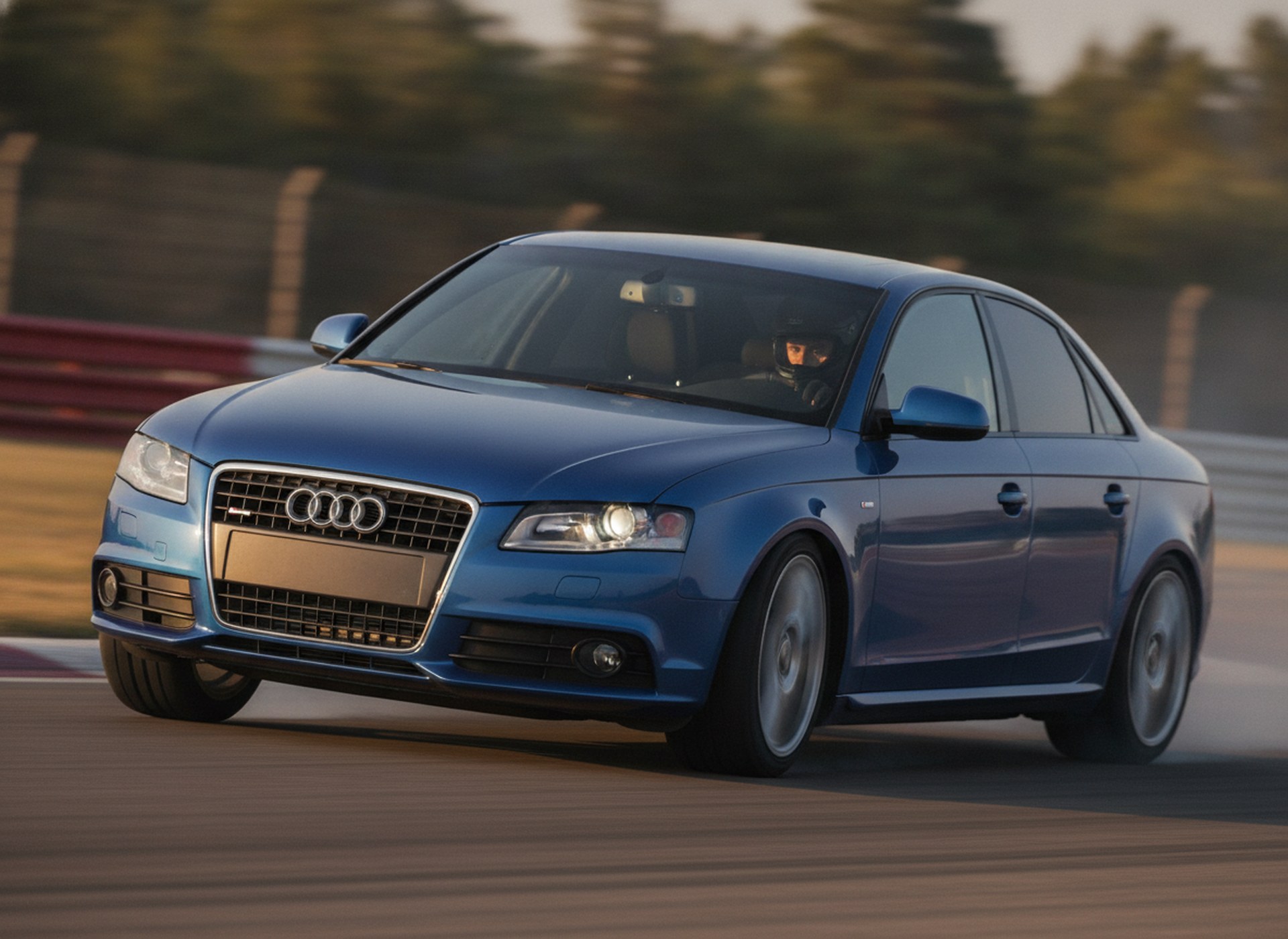Blue Audi A4 saloon being driven hard through a corner on a race circuit, driver in a plain black helmet