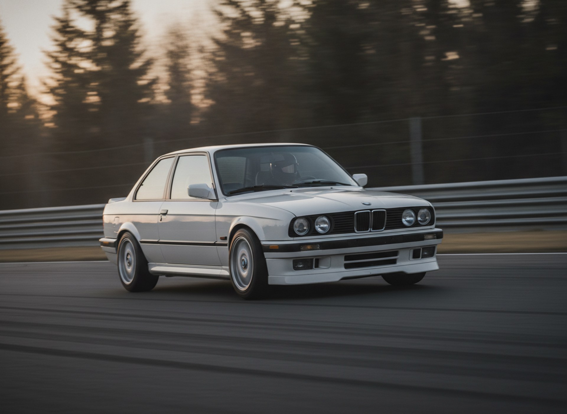 White BMW E30 3-Series being driven hard through a corner on a race circuit