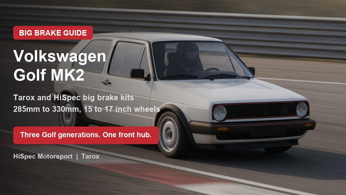 Featured image for Golf MK2 big brake upgrade guide. Car on circuit with text overlay: Three Golf generations. One front hub.