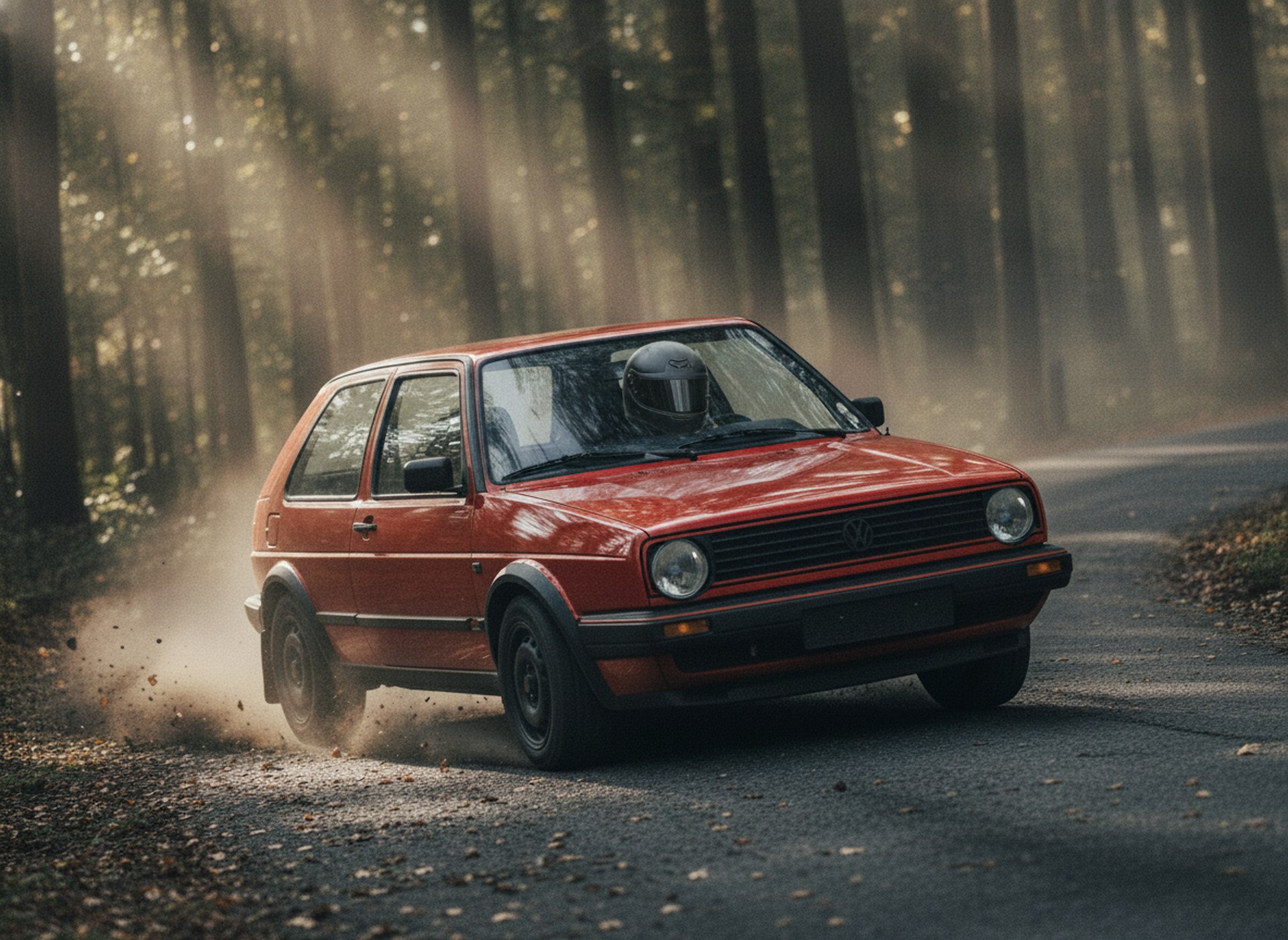 Volkswagen Golf MK2 in red on a rally forest stage, driver wearing plain black full-face helmet, blank steel wheels