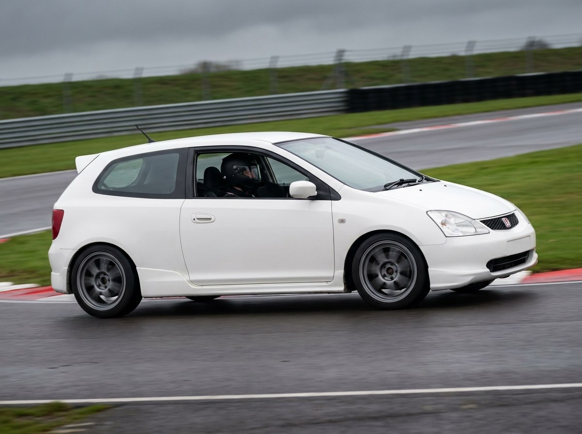 White Honda Civic Type R EP3 cornering on a damp British race circuit with the driver in a plain black helmet