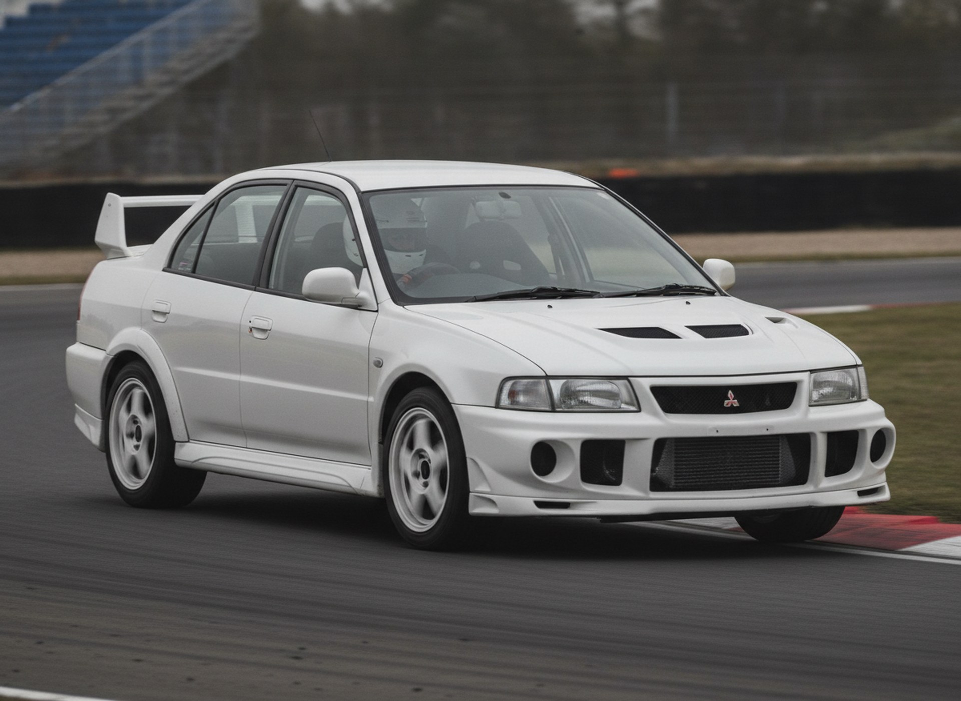 White Mitsubishi Lancer Evolution 5 on a race circuit, driver in a plain black helmet, big brake kit guide