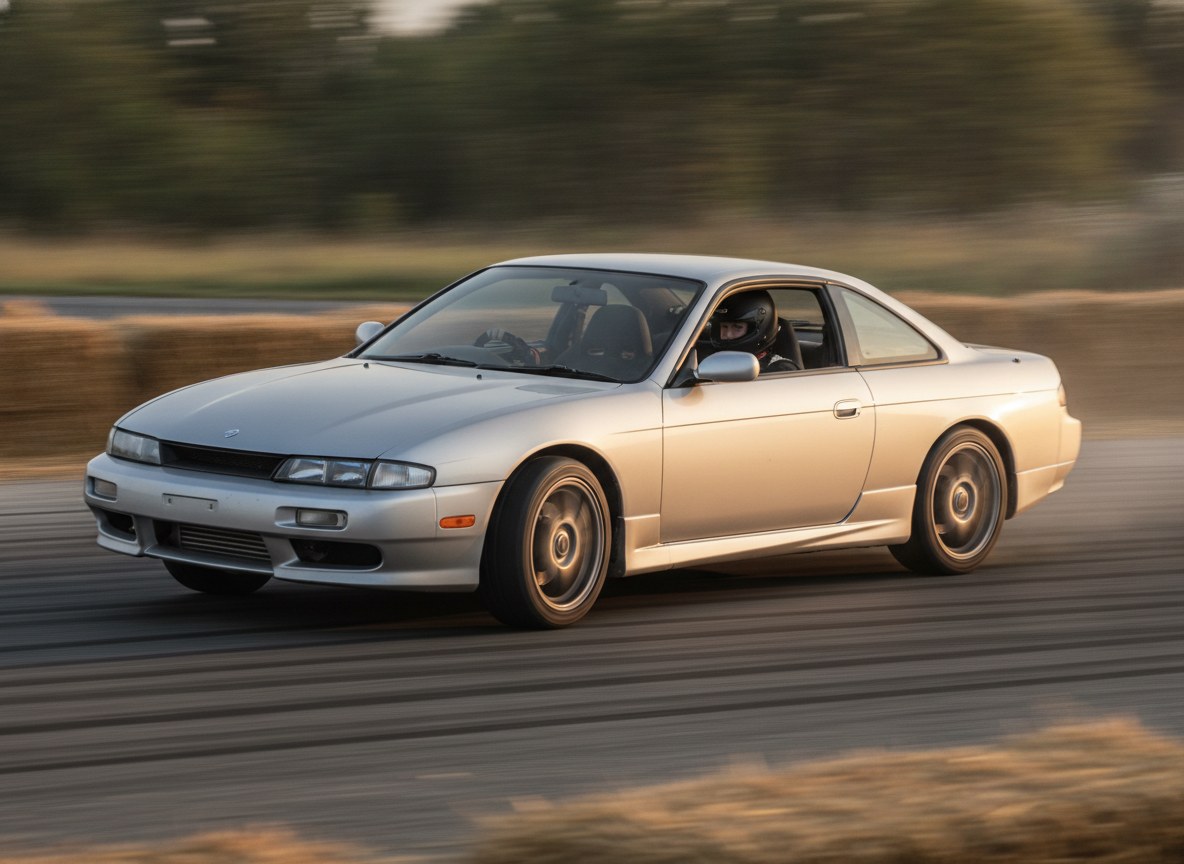 Silver Nissan 200SX S14 being driven hard through a corner on a tarmac rally stage, driver in a plain black helmet