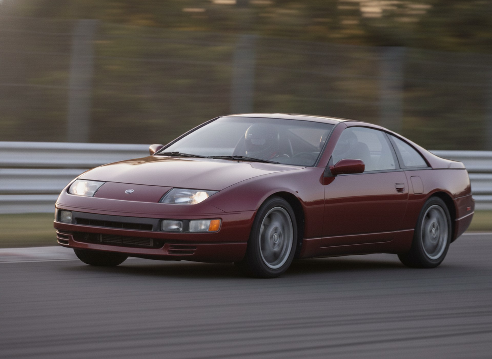 Dark red Nissan 300ZX Z32 being driven hard through a corner on a race circuit, driver in a plain black helmet