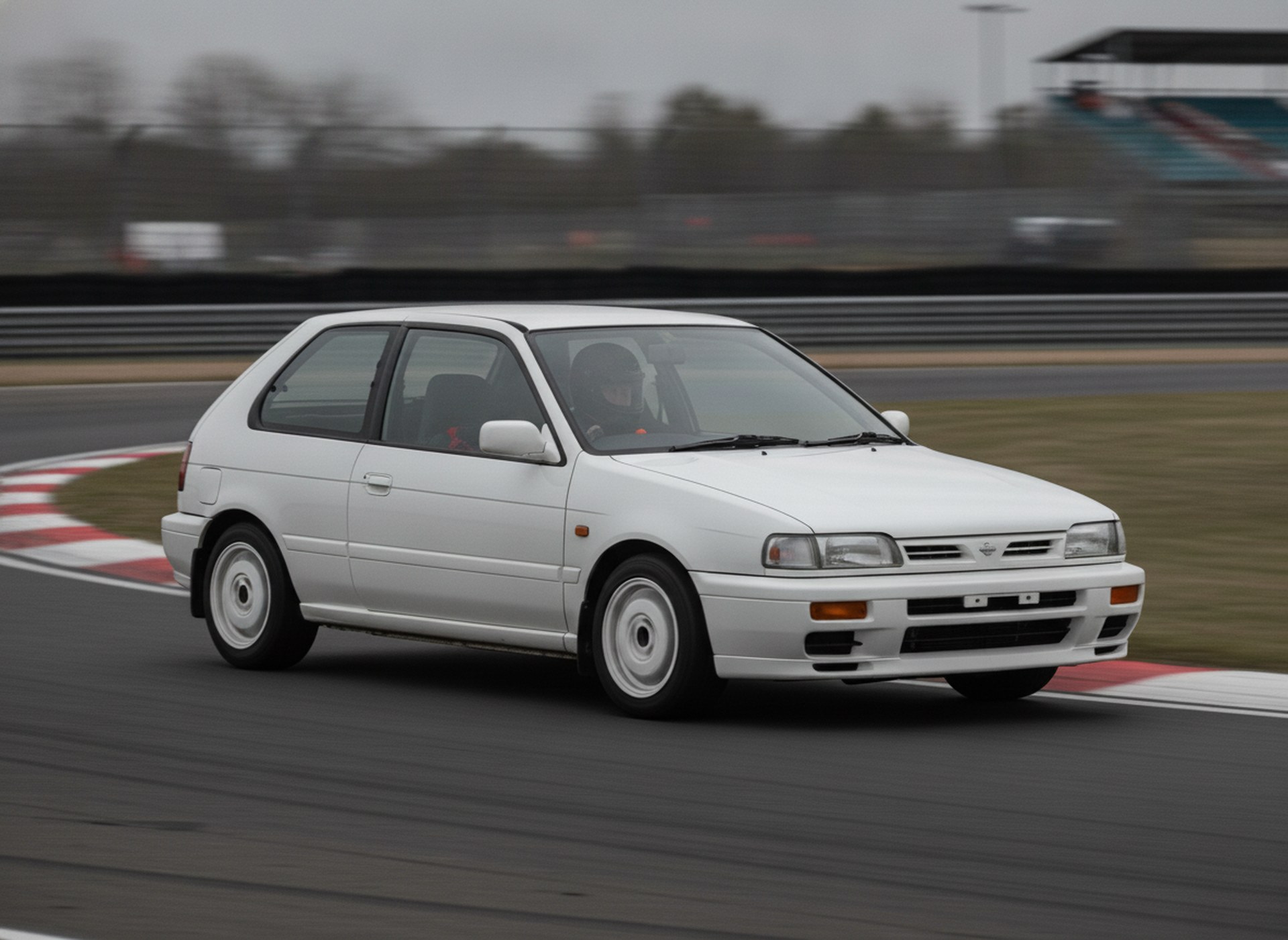 White Nissan Pulsar N14 GTI-R on a race circuit, driver in a plain black helmet, big brake kit guide