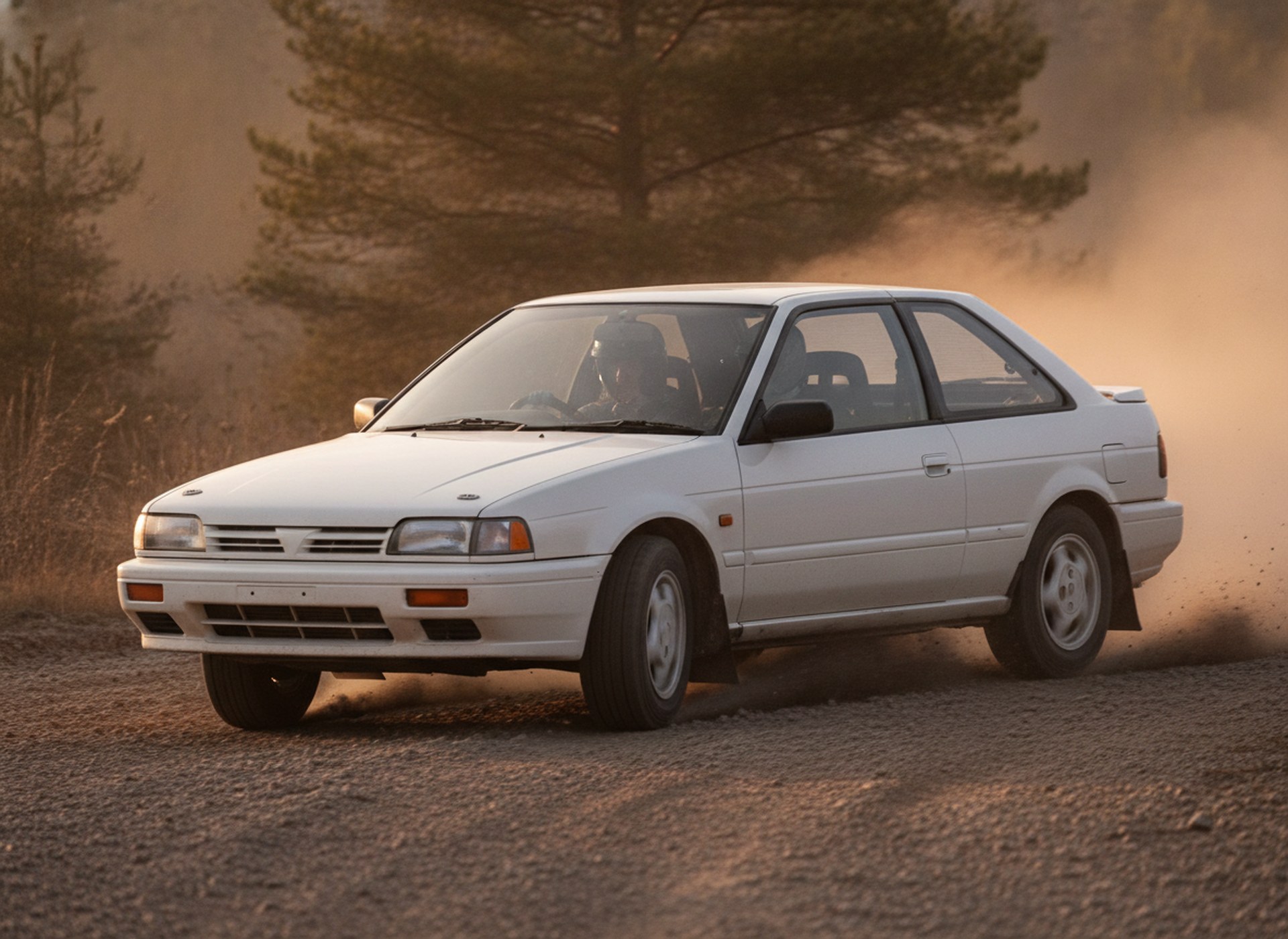 White Nissan Sunny GTI-R being driven hard through a gravel stage corner, driver in a plain black helmet