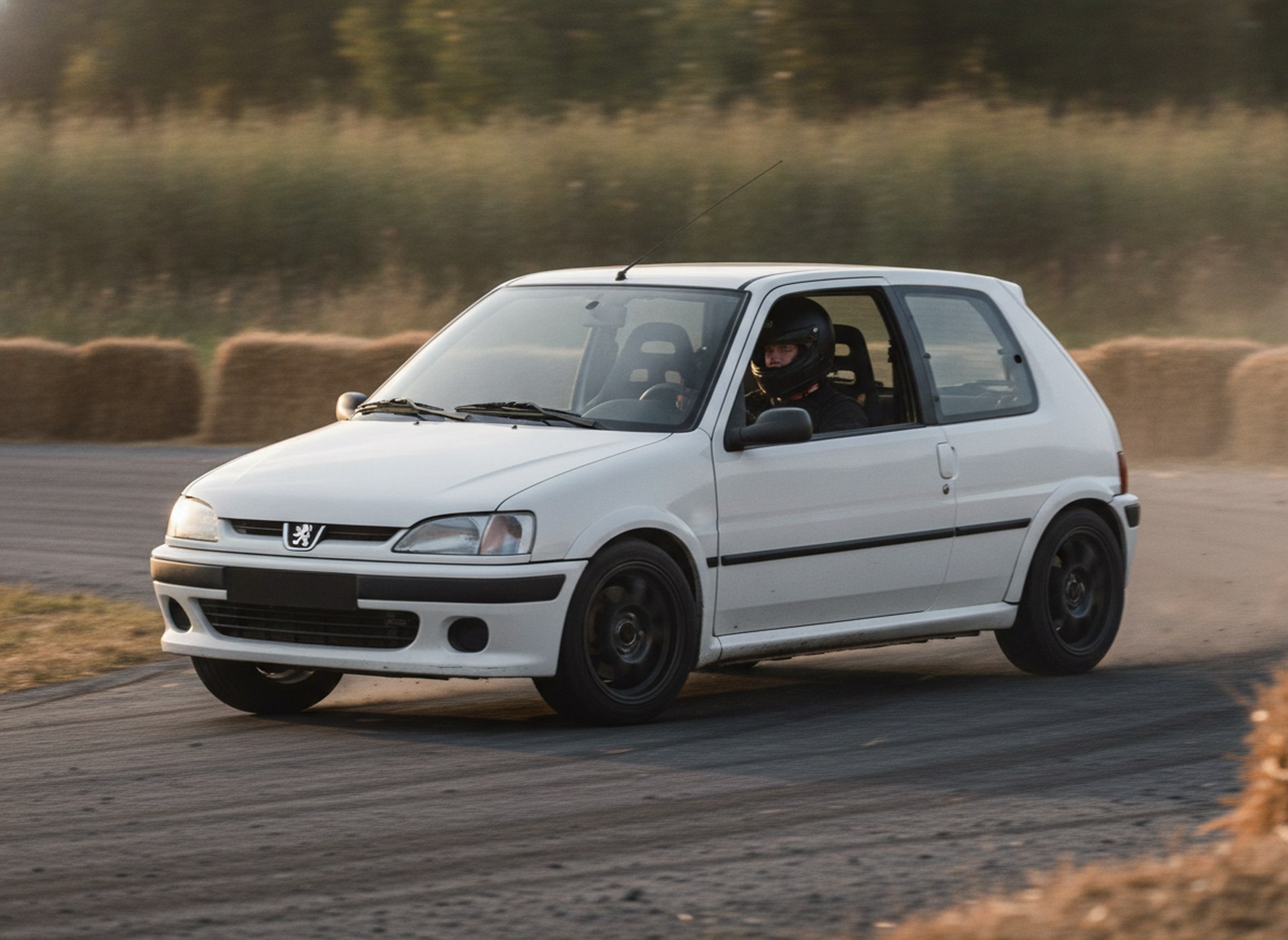 White Peugeot 106 GTi being driven hard through a hairpin on a rally stage, driver in a plain black helmet