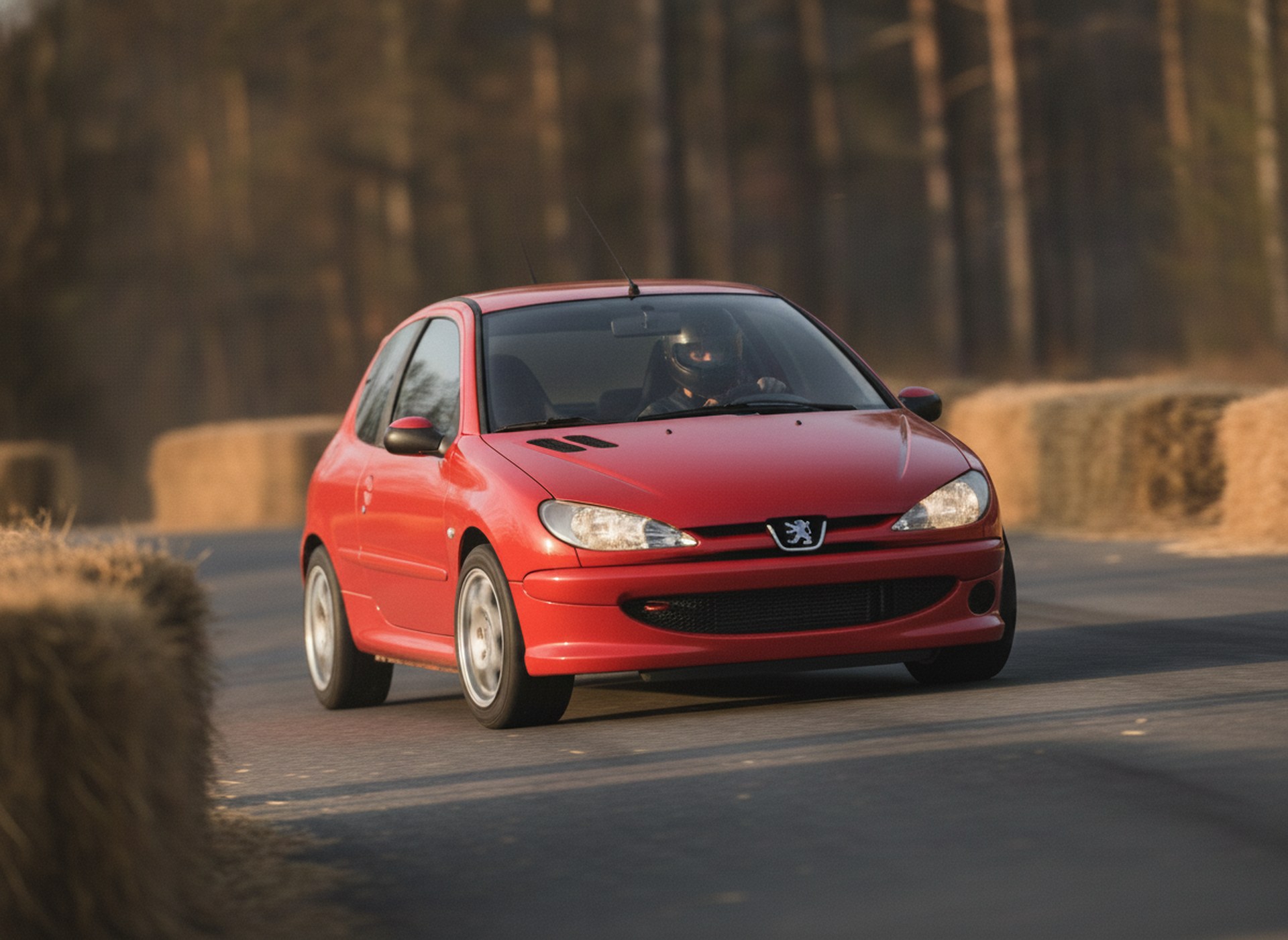 Red Peugeot 206 GTI being driven hard through a corner on a rally stage, driver in a plain black helmet