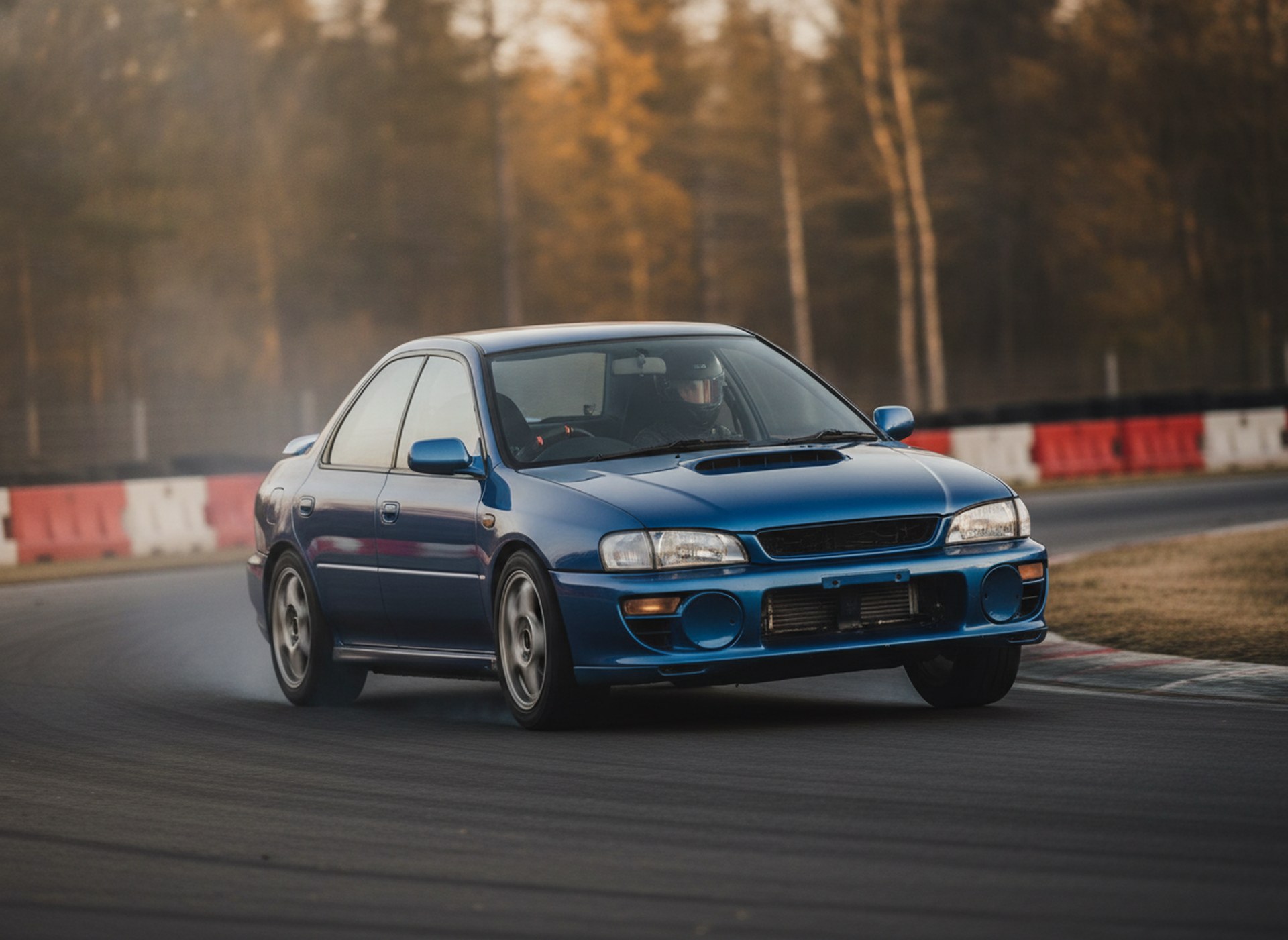 Modified Subaru Impreza on a race circuit, driver in a plain black helmet