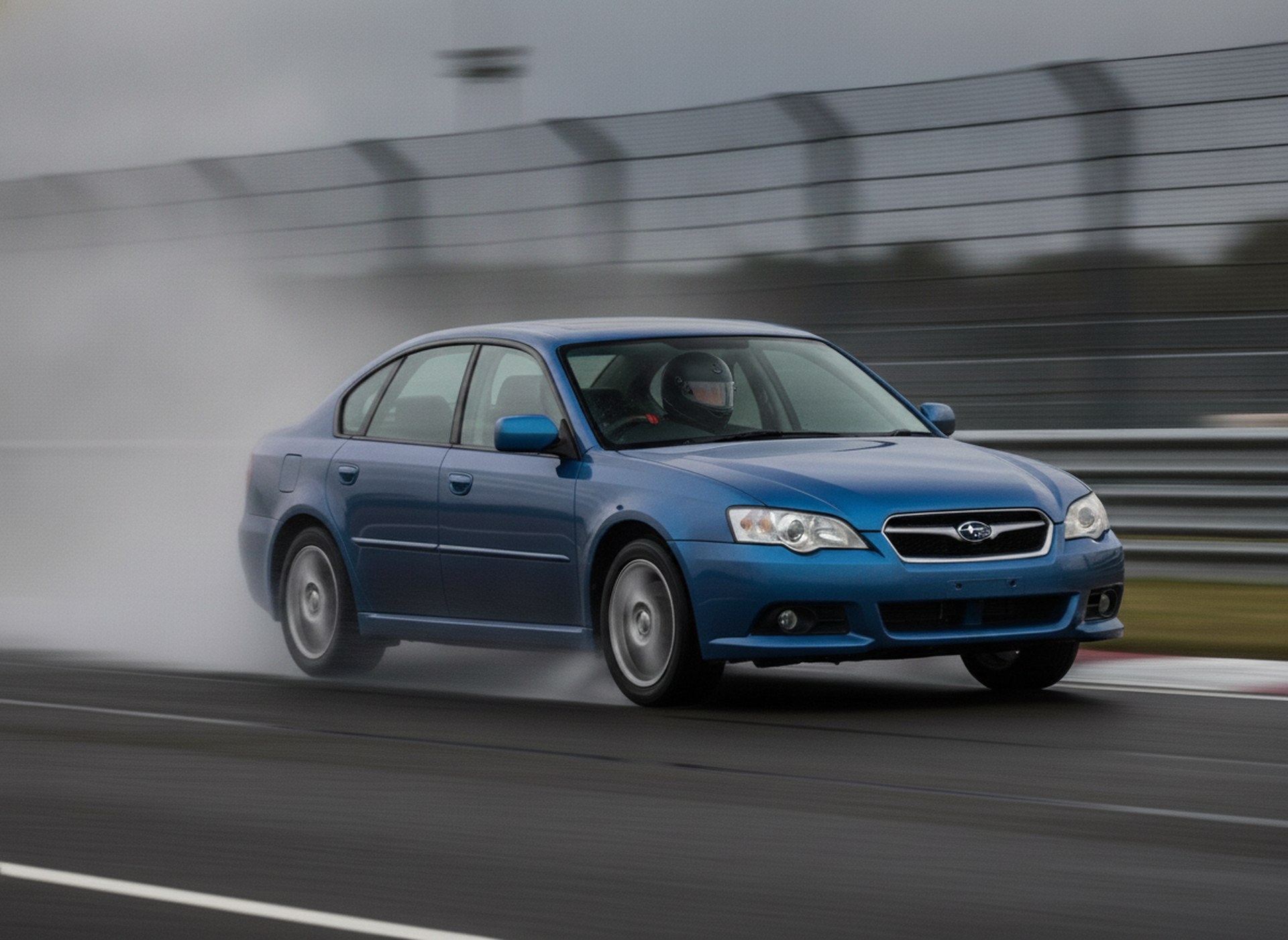 Blue Subaru Legacy saloon on a wet race circuit, driver in a plain black helmet, big brake kit guide