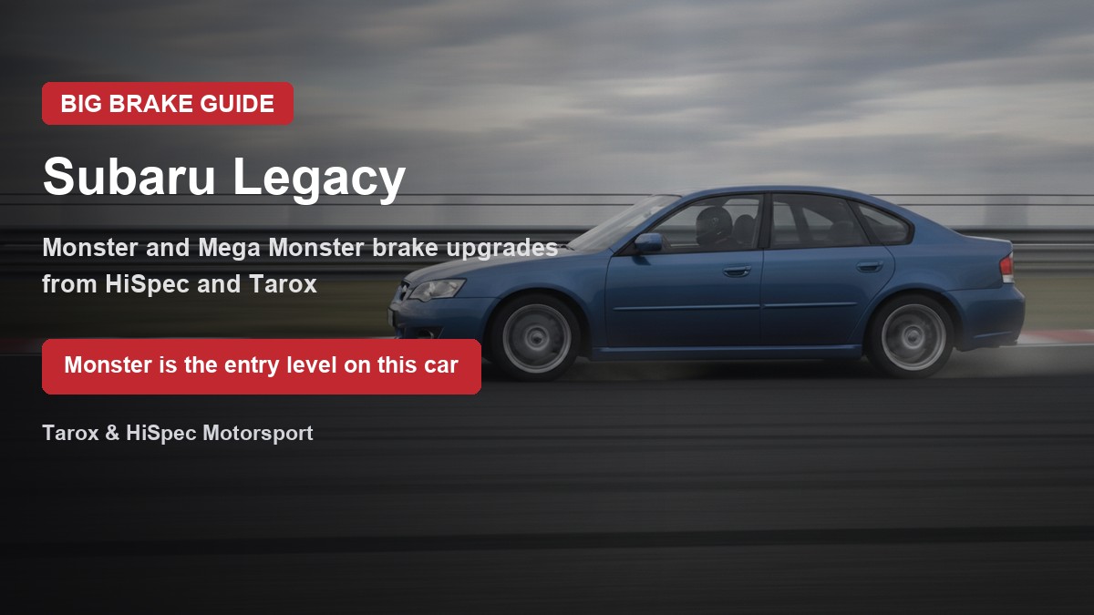 Blue Subaru Legacy saloon on track. Monster is the entry level on this car. Tarox and HiSpec kits.