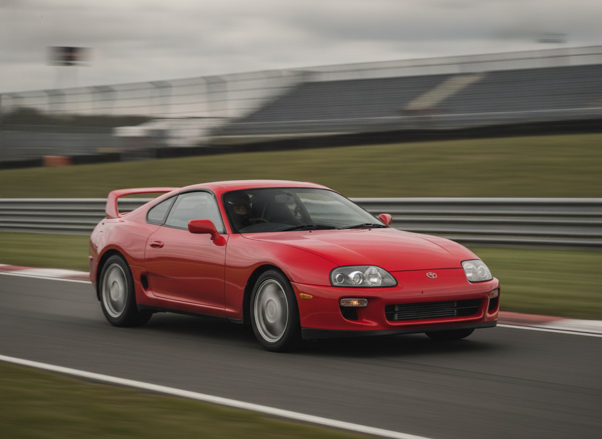 Red Toyota Supra A80 on a race circuit, driver in a plain black helmet, big brake kit guide