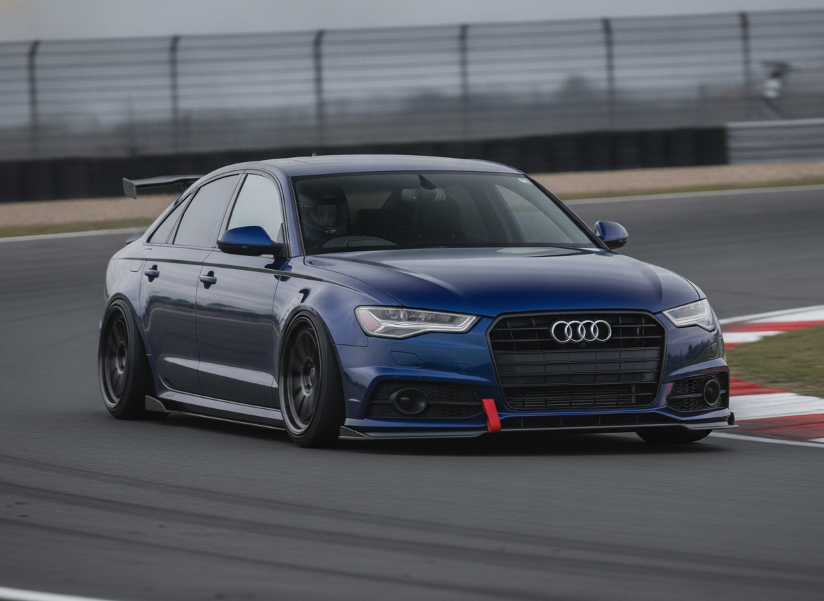 Dark blue Audi A6 C7 saloon on a race circuit, modified for trackday use with lowered suspension and aftermarket alloy wheels