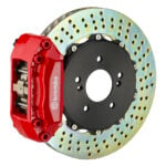 Brembo A 4 piston caliper with 320-328mm 2-piece drilled disc, red finish