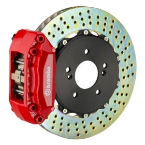 Brembo A 4 piston caliper with 320-328mm 2-piece drilled disc, red finish
