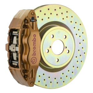 Brembo E 4 piston caliper with 326mm 1-piece drilled disc, gold finish