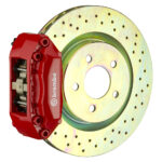 Brembo F 4 piston caliper with 330mm 1-piece drilled disc, red finish