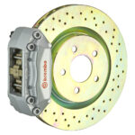 Brembo F 4 piston caliper with 330mm 1-piece drilled disc, silver finish