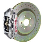 Brembo P 4 piston caliper with 323-365mm 1-piece drilled disc, GT-R nickel finish