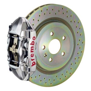 Brembo P 4 piston caliper with 323-365mm 1-piece drilled disc, GT-R nickel finish