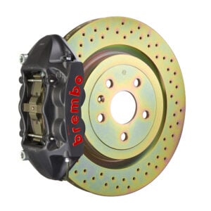 Brembo P 4 piston caliper with 323-365mm 1-piece drilled disc, GT-S nickel finish