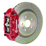 Brembo P 4 piston caliper with 323-365mm 1-piece drilled disc, red finish