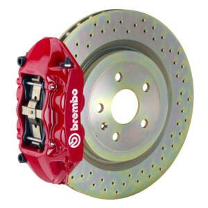 Brembo P 4 piston caliper with 323-365mm 1-piece drilled disc, red finish