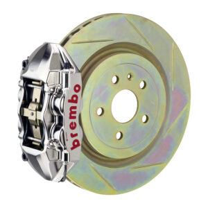Brembo P 4 piston caliper with 323-365mm 1-piece slotted type 1 disc, GT-R nickel finish