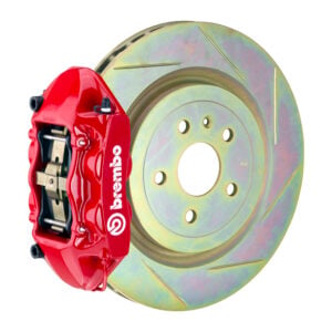 Brembo P 4 piston caliper with 323-365mm 1-piece slotted type 1 disc, red finish
