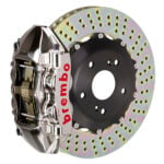 Brembo P 4 piston caliper with 328mm 2-piece drilled disc, GT-R nickel finish