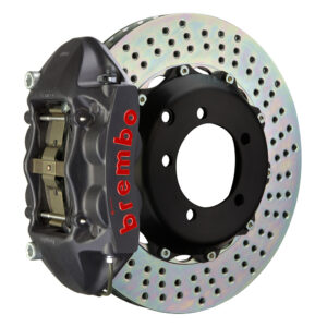 Brembo P 4 piston caliper with 328mm 2-piece drilled disc, GT-S nickel finish