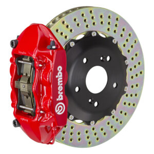 Brembo P 4 piston caliper with 328mm 2-piece drilled disc, red finish