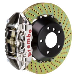 Brembo P 4 piston caliper with 345-365-380mm 2-piece drilled disc, GT-R nickel finish