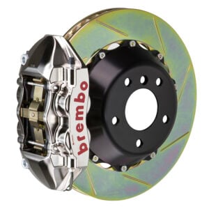 Brembo P 4 piston caliper with 345-365-380mm 2-piece slotted type 1 disc, GT-R nickel finish