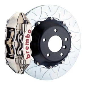 Brembo P 4 piston caliper with 345-365-380mm 2-piece slotted type 3 disc, GT-R nickel finish