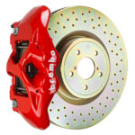 Brembo S 4 piston caliper with 326mm 1-piece drilled disc, red finish