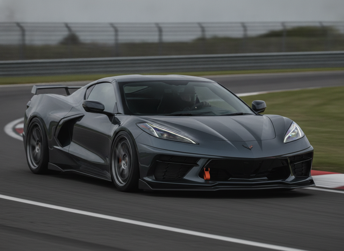 Chevrolet Corvette C8 Stingray cornering on a British race circuit, modified trackday car with aftermarket wheels and tow strap