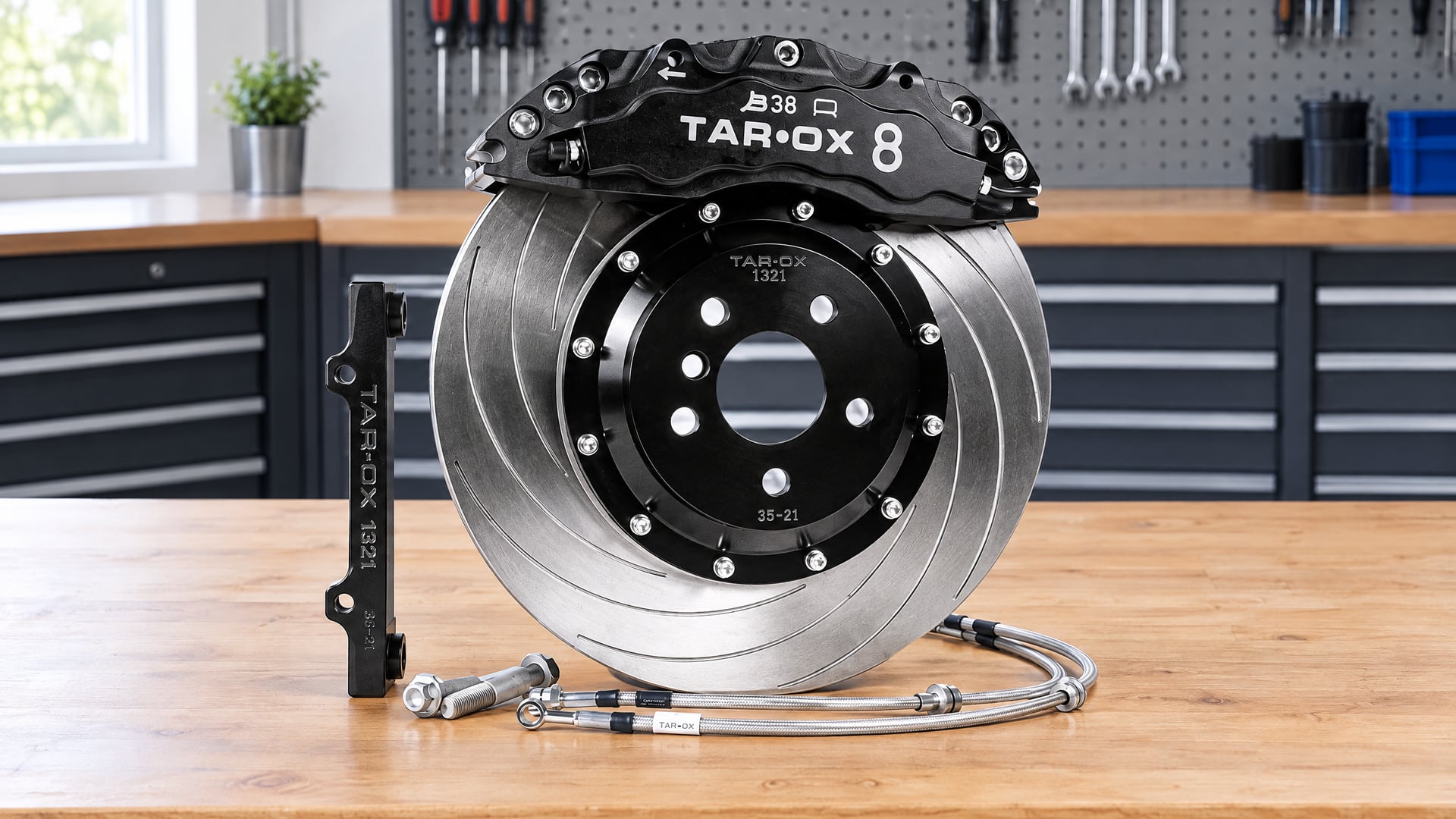 TAROX B38 8 brake caliper, TAROX 1321 brake disc, TAROX 1321 caliper bracket, Braided brake lines