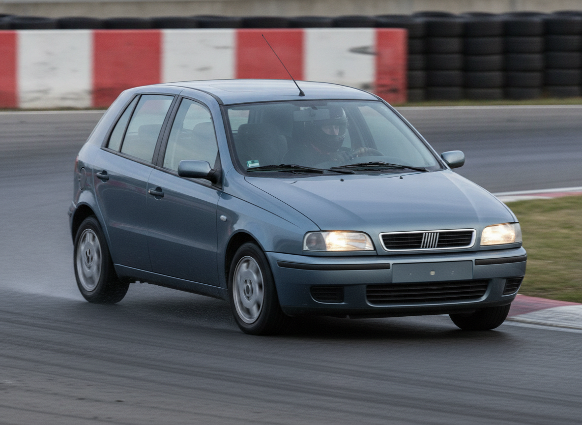 Fiat Brava on a racing circuit, driver wearing a matte black full-face helmet
