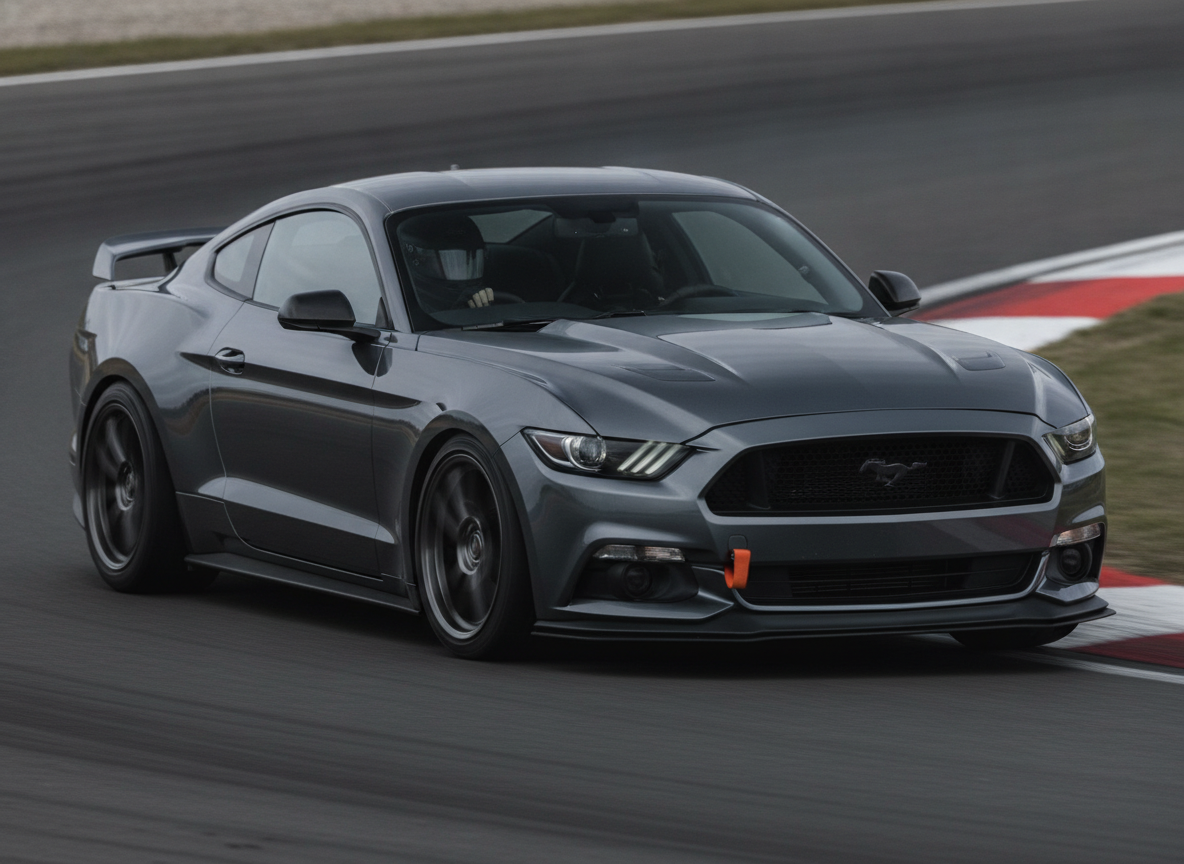 Dark grey Ford Mustang S550 cornering hard on a British race circuit, modified trackday spec with aftermarket wheels and orange tow strap