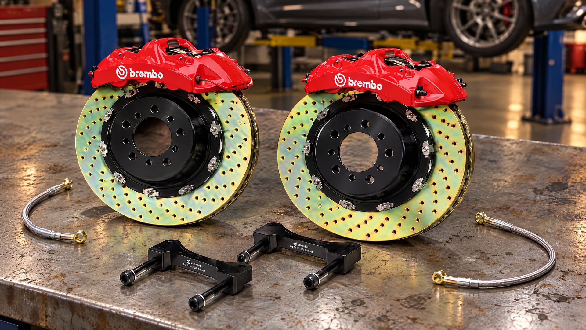 Brembo brake caliper, Brembo brake disc, Brembo caliper mounting bracket, Braided brake line