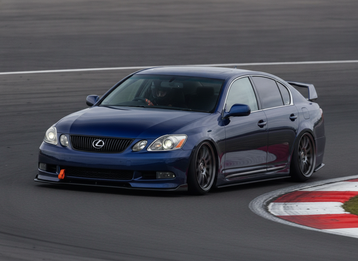 Lexus GS430 S190 generation cornering on a British race circuit, modified trackday car with aftermarket wheels and tow strap