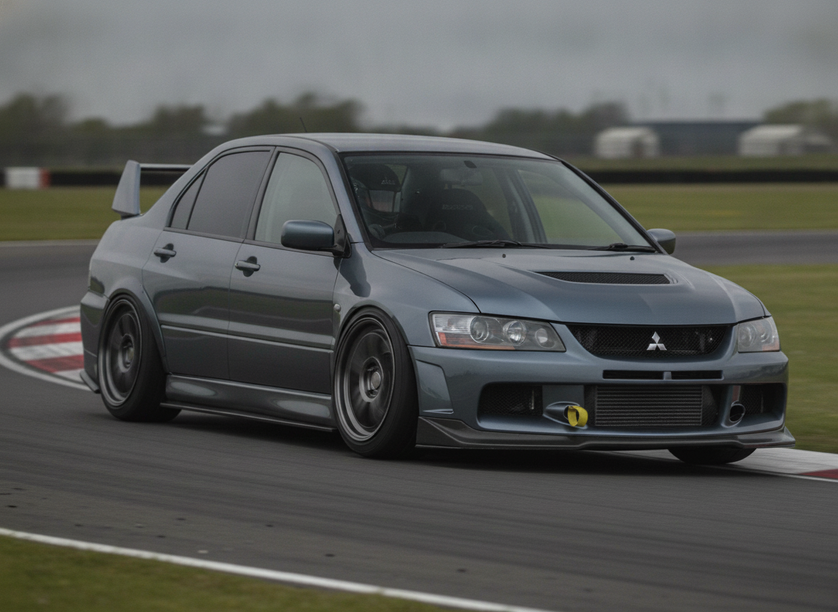 Dark silver Mitsubishi Lancer Evolution IX on a race circuit, modified for trackday use, lowered with aftermarket alloy wheels