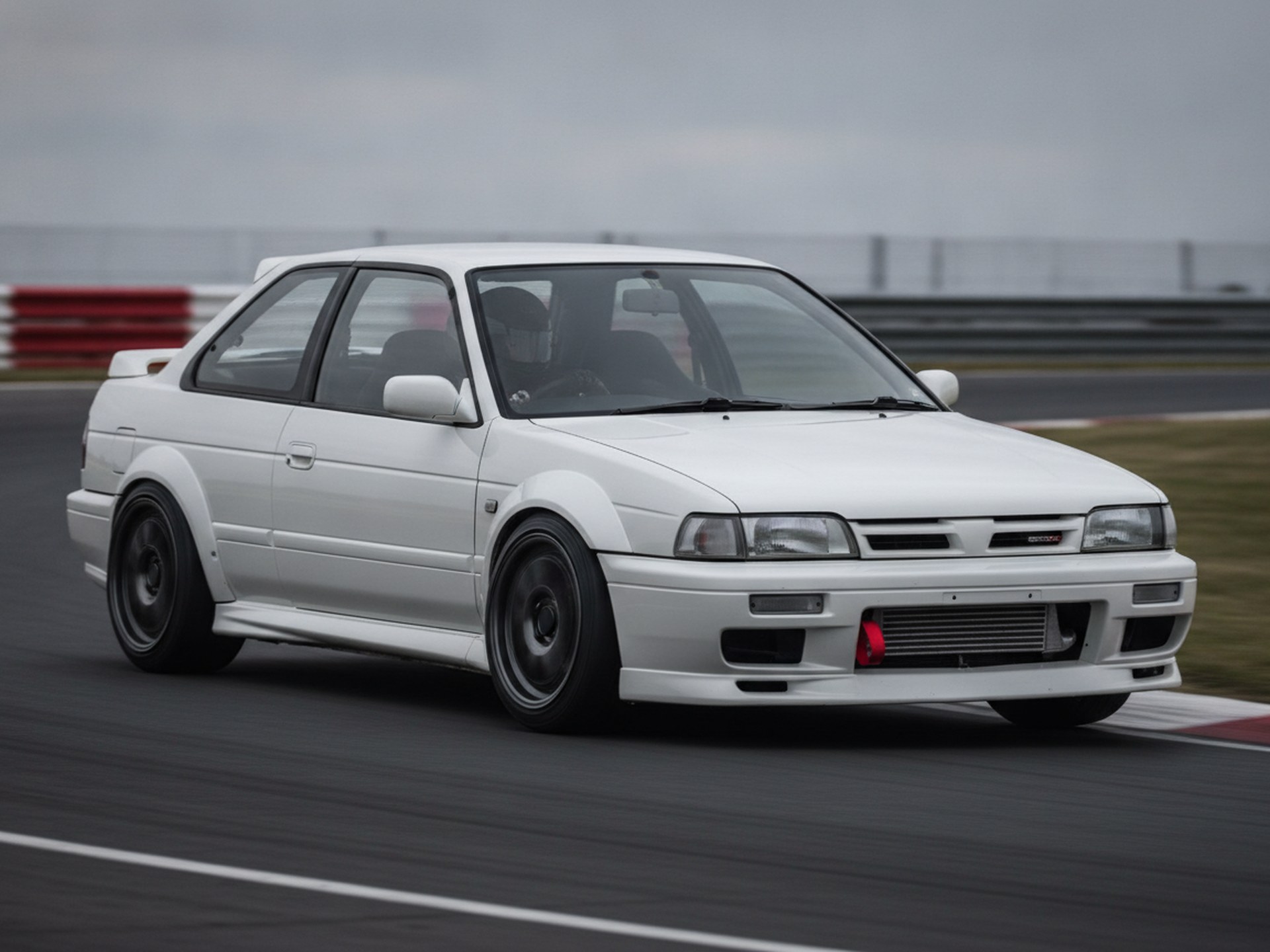 White Nissan Sunny GTI-R being driven hard through a gravel stage corner, driver in a plain black helmet