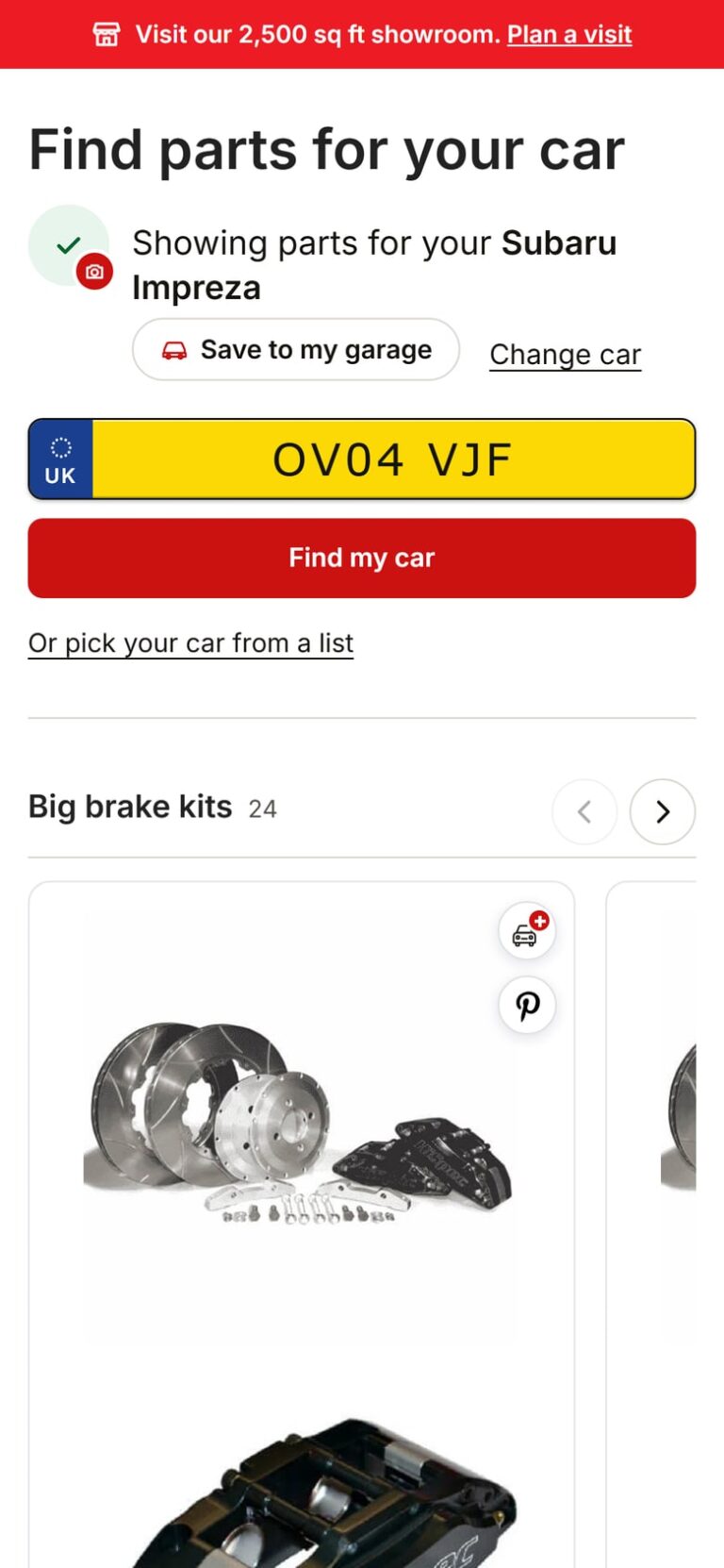 The number plate checker on a phone, showing parts for a 2004 Subaru Impreza