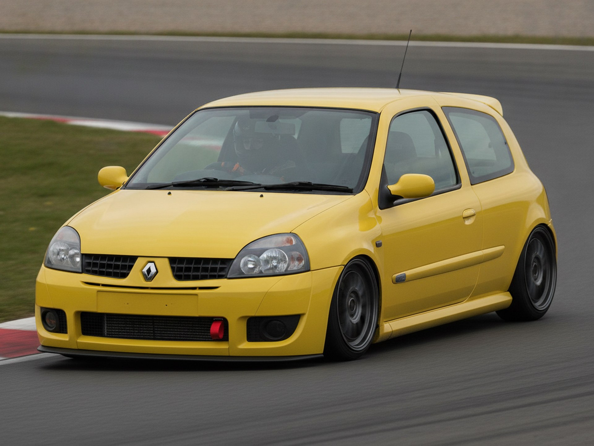 Yellow Renault Clio MK2 driven hard through a corner on a rally stage, driver in a plain black helmet