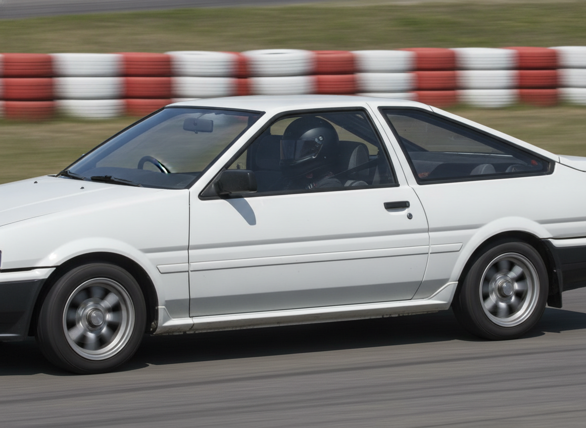 Toyota Corolla AE86 driving on a racing circuit with HiSpec big brake kit upgrade