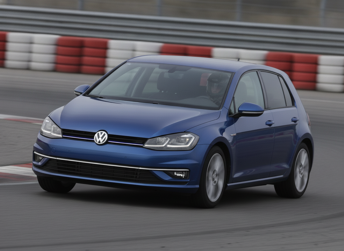 Volkswagen Golf MK7 on a racing circuit with driver wearing plain black full-face helmet
